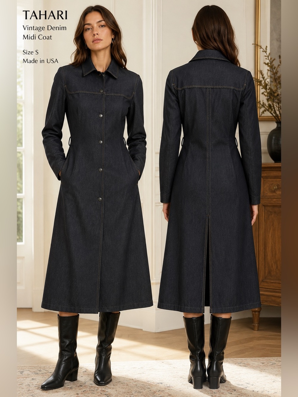 Tahari Vintage Denim Midi womens Coat jacket sz Small dark Academia y2k preppy